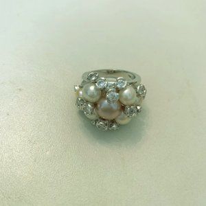 Pink & White Pearl & Rhinestones Cluster Ring Sz 7